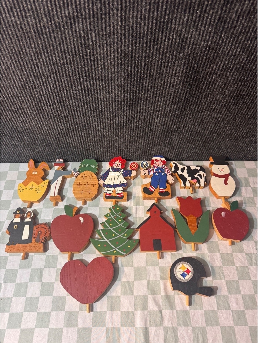 Set of 18 Hand-Painted Wooden Pegs with Seasonal and Holiday Themes and Boards